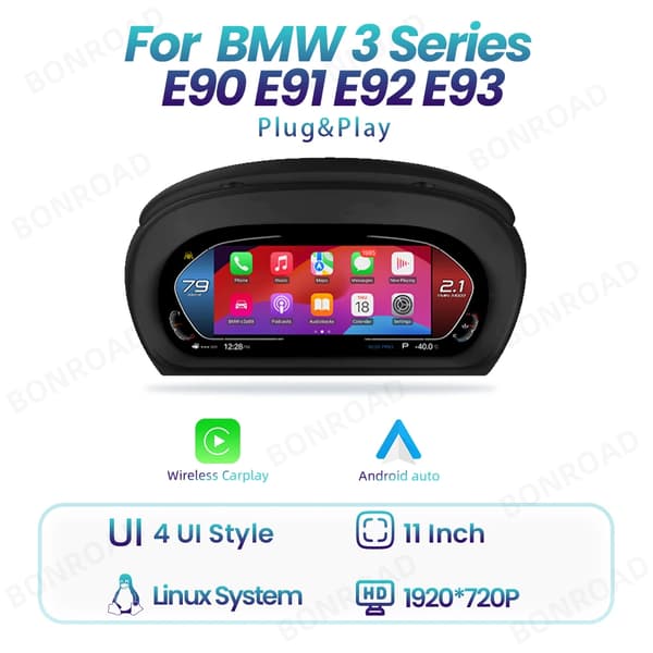 Carplay, Digital Instrument Cluster, Kompatibel med BMW 3 Series E90 E91 E92 E93, 11-tommer skærm, E90 E91 E92 (Med CarPlay)