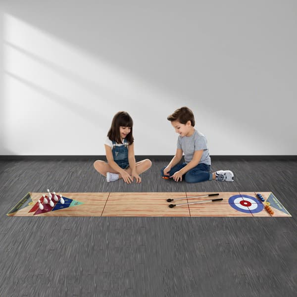 Bordcurlingspel, Hållbar icke-vävd tyg, 3,6 m längd, Stöder 1 till 8 spelare, Inkluderar 2 putters, 6 bowlingflaskor