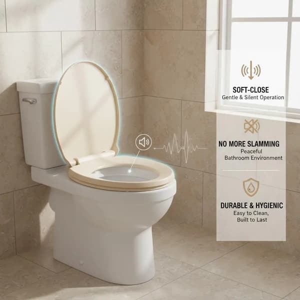 Toiletbræt, blødt lukke-mekanisme, oval form,Beige