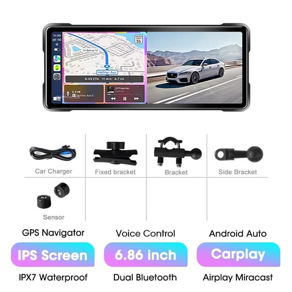 Dashboard Display, Trådløs Forbindelse, Vandtæt Design,6.86 tommer Carplay-TPMS