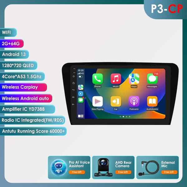 Carplay, Qualcomm-processor, kompatibel med Skoda Octavia 3 A7 2013-2018,P3-CP AHD AIPRO