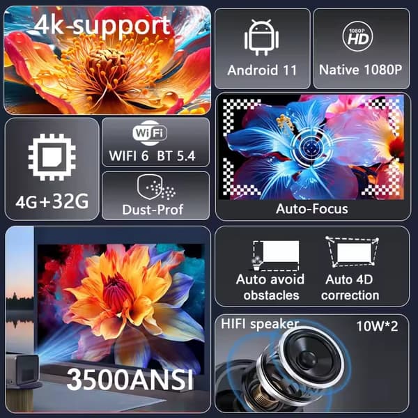 Projektor, Native 1080P, WiFi og Bluetooth-forbindelse,EU stik, J10-EU