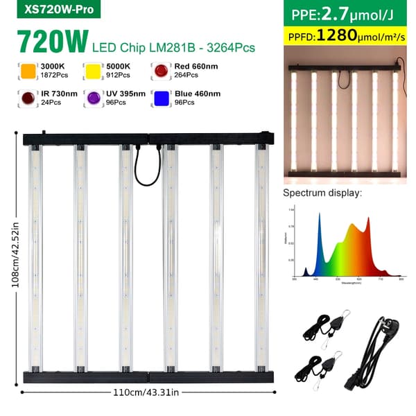 LED Växtlampa, Full Spektrum, Dimmbar,720W-Pro