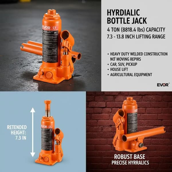 Hydraulisk flaskdomkraft, 4 tons kapacitet, justerbart lyftområde, armégrön