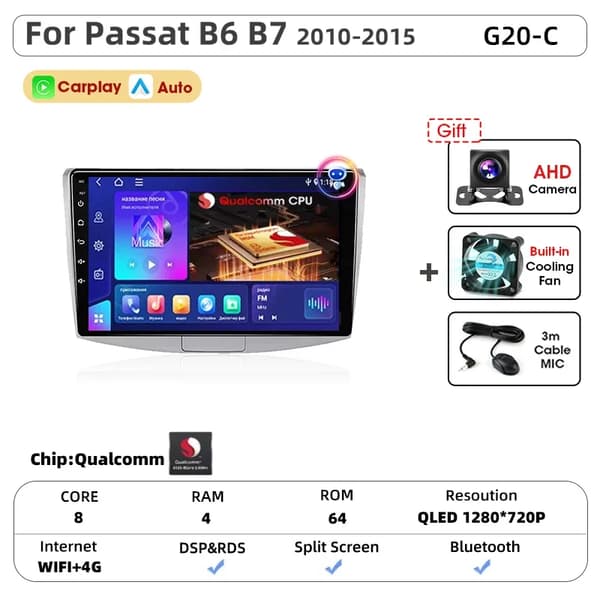 Bil Multimedia Afspiller, Touchscreen Interface, Navigationssystem, Kompatibel med Passat B6 B7 CC 2010-2015,G20-C-MIC-CAM