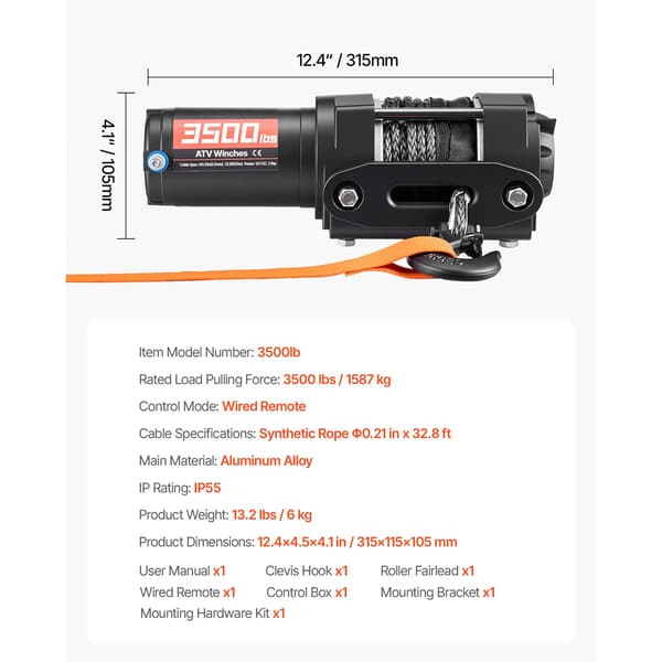 Vinsch, Elektrisk Drift, Hållbart Syntetiskt Rep,3500 lbs 32ft