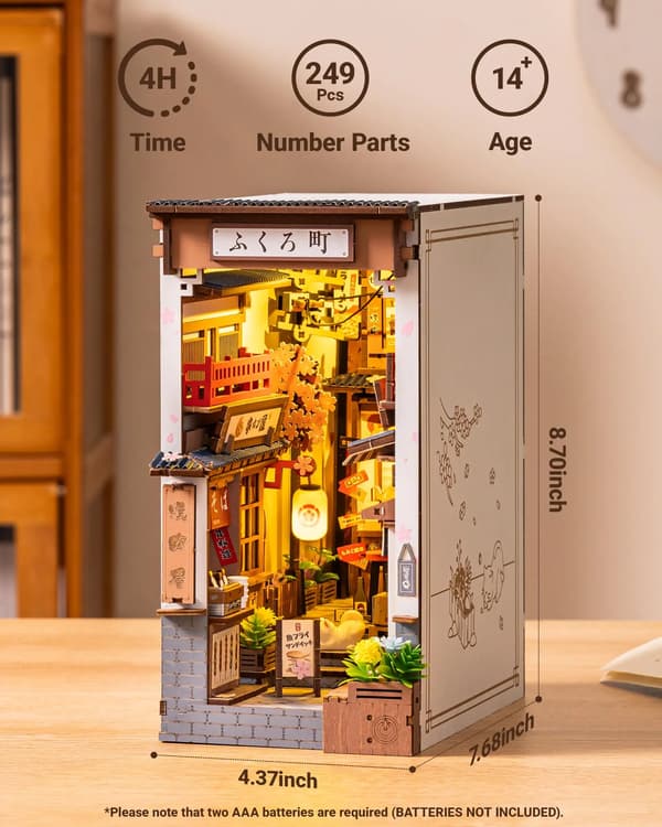Træboghjørne Sæt, DIY Samling, LED Belysning,Sakura Vin Gade