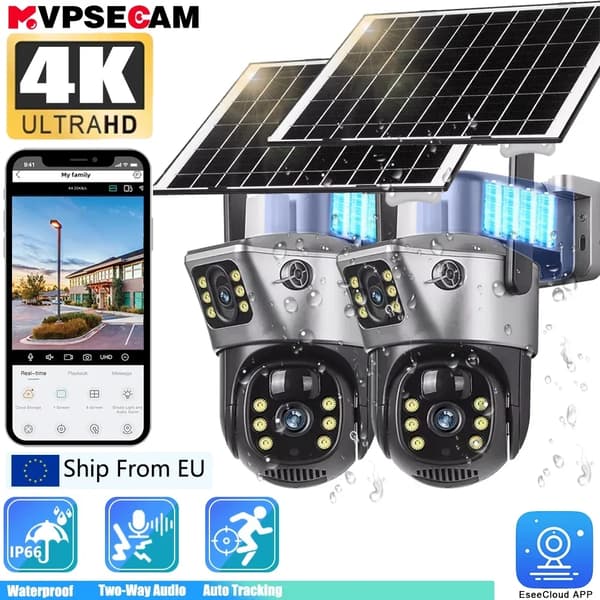 Utomhus säkerhetskamera, solenergi, HD dubbellins,2Pcs WIFI Solkamera