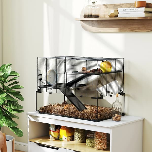Hamsterbur, rummelig multi-niveau design, inkluderer essentielle tilbehør,sort