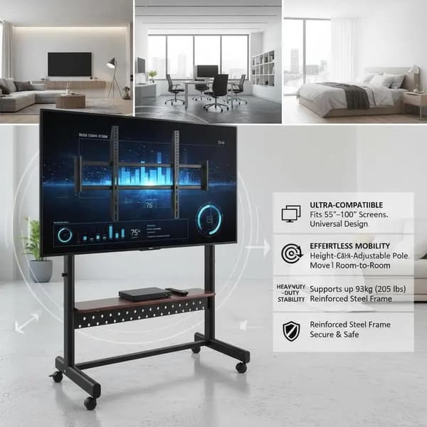 TV-ställ, Höjdjusterbart, Rullande Design,svart