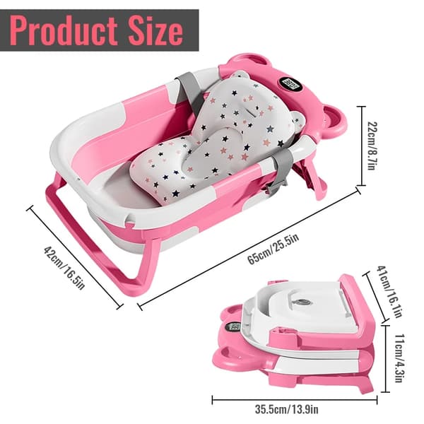 Babybadekar, Integreret Termometer, Pladsbesparende Design,Pink