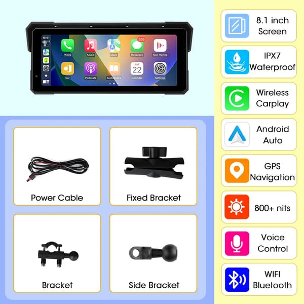 Motorcykel Touch Display, GPS-navigering, Bluetooth-anslutning,8.1 tum PND