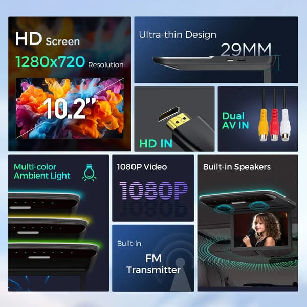Bilstolmonitor, 10,2" TFT HD-skärm, Dubbel AV-ingång,CM103HD