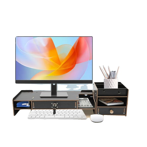 Monitorstand, Ergonomisk Design, Integreret Opbevaring,sort