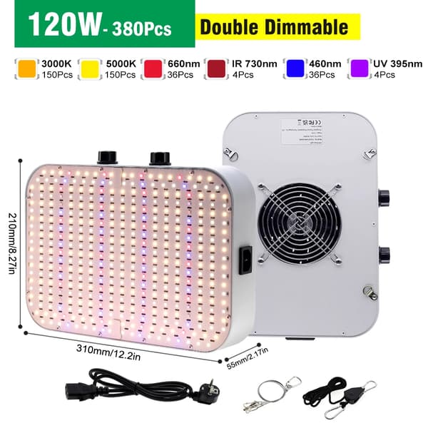 LED Vækstlys, Justerbar Lysstyrke, Integreret Køleventilator,EU, 120W
