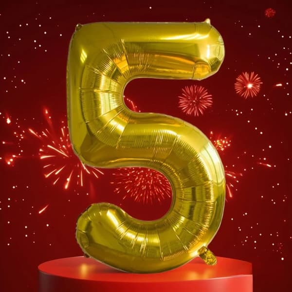 Folieballon, Nummer 5, Guld Farve,32tommer, Guld, Nummer