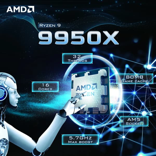 Processor, 16 kärnor, 32 trådar, 4,3 GHz basfrekvens, 5,7 GHz max boostfrekvens, 170W TDP
