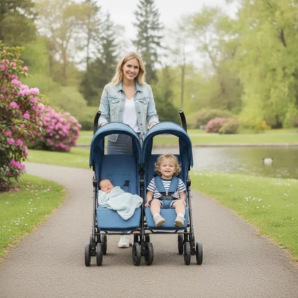 Dubbelvagn, Stålram, 4-läges Ryggstöd,Blå