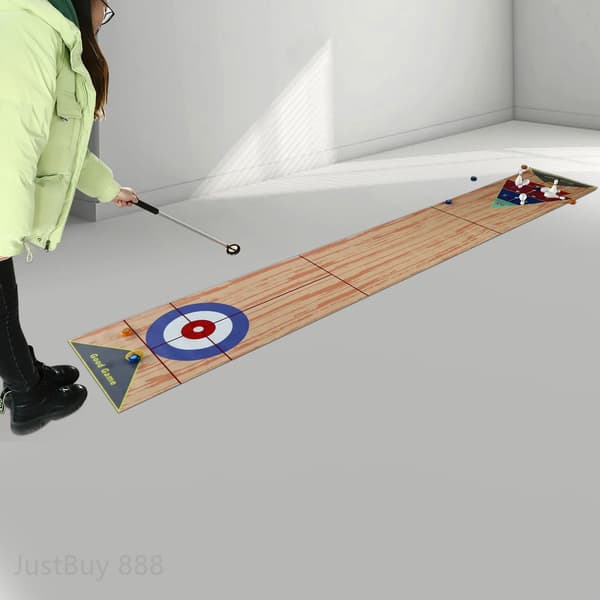 Bordcurlingspel, Hållbar icke-vävd tyg, 3,6 m längd, Stöder 1 till 8 spelare, Inkluderar 2 putters, 6 bowlingflaskor