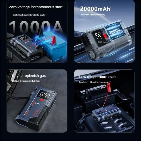 Bil Jump Starter, 20000mAh Batteri, 1000A Spidsstrøm, 150PSI Luftkompressor, LED Lys, Bærbart Design