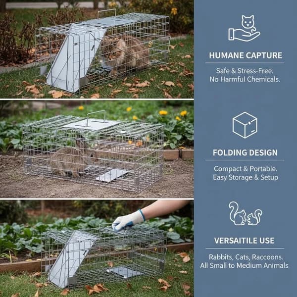 Djurfälla, vikbar design, hållbar järnkonstruktion, armégrön