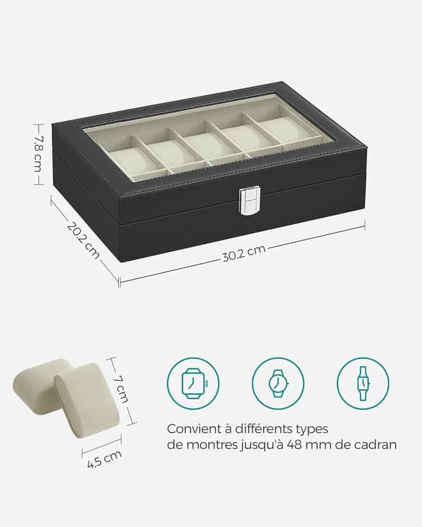 Klocklåda, PU-läder, antik design,12 platser