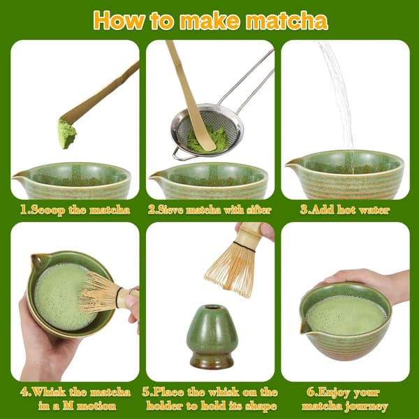 Matcha-vispiläsetti, keraaminen kulho, bambuvispilä,7kpl