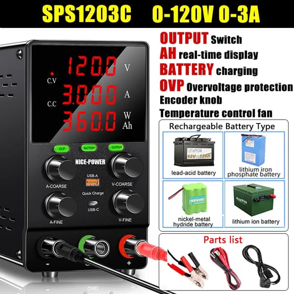 DC-strömförsörjning, Realtids Ah-display, Säkerhetsfunktioner,SPS1203C 120V3A