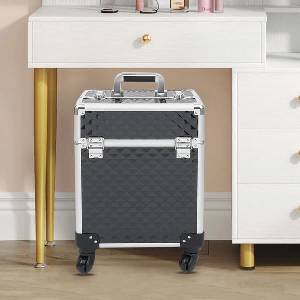 Makeup Case, Multi-Tier Opbevaring, Justerbar Trækstang,sort