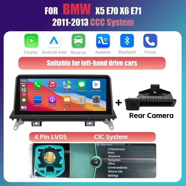 Carplay, Touchscreen Display, Smartphone Forbindelse, kompatibel med BMW X5 E70 X6 E71 2008-2010,CIC System+CAM