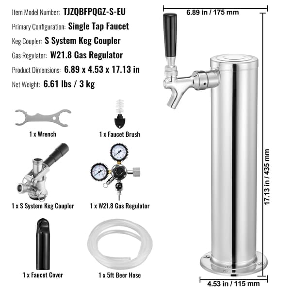 Kegerator Tårn Kit, Rustfrit Stål, Dual Gauge Regulator,1 vandhane S