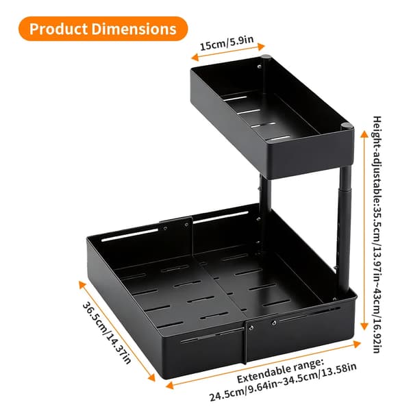 Under Sink Organizer, Justerbar Højde, Glat Skydedesign,sort