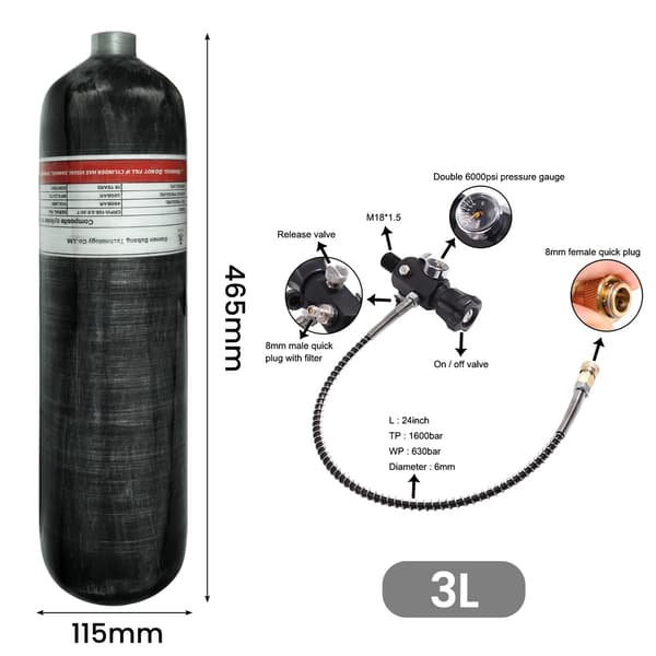 Högtryckstank, Kolfiberkonstruktion, Lättviktsdesign,3L med ventil A