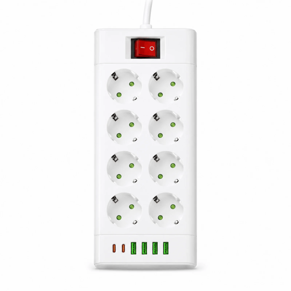 Strømstik, 8 stikdåser, USB-porte,8 stik