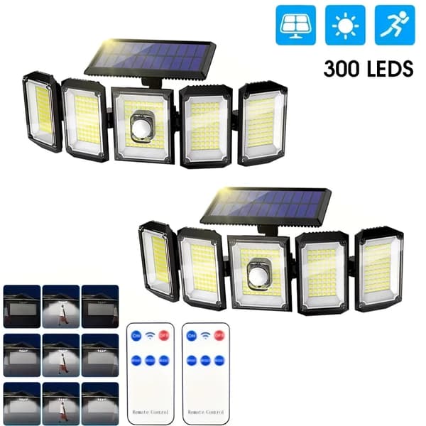 Solcell Utomhus Rörelsesensor Lampa, 300 LED, Vattentät Design, 2st