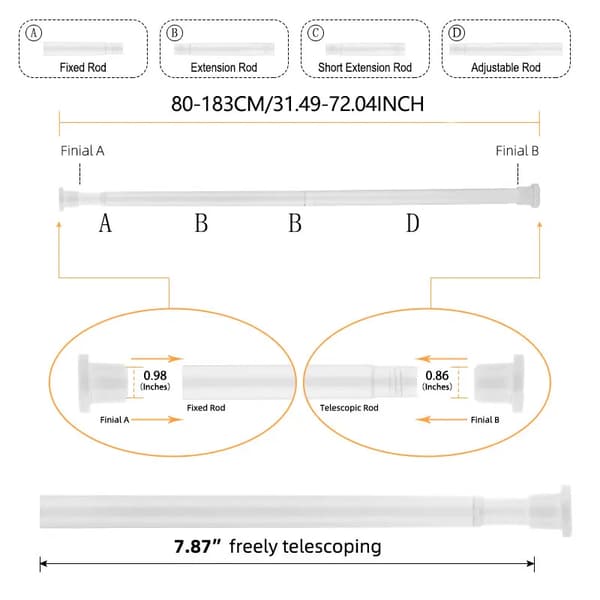 Duschdraperistång, Justerbar Längd, Teleskopisk Design,vit80-183CM