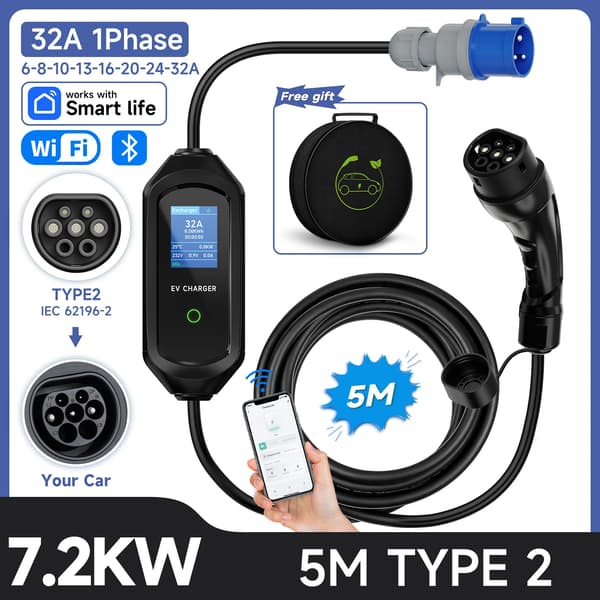 Elbiloplader, 7,2 kW effektudgang, smart app kontrol,sort
