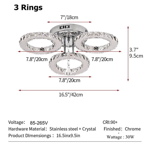 Taklampa, Kristallringdesign, LED-belysning, 3 ringar, varmvit