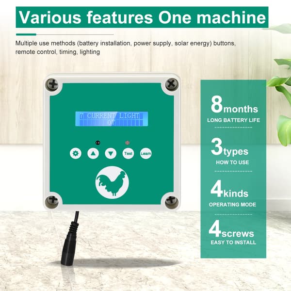 Automatisk Kycklingflapp, Timer & Ljus Sensor, Rostfritt Stål Design,grön