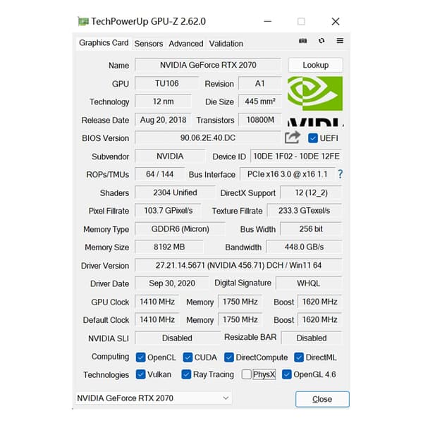 Grafikkort, 8GB GDDR6, 256 Bit Interface,RTX2070 8GB