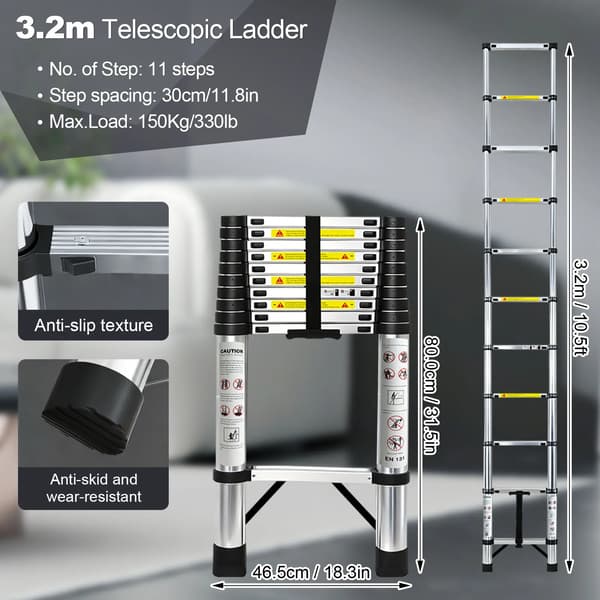 Teleskopstige, Holdbart Rustfrit Stål, Én-Knap Sammenklappeligt Design,3.2m Ingen Krog
