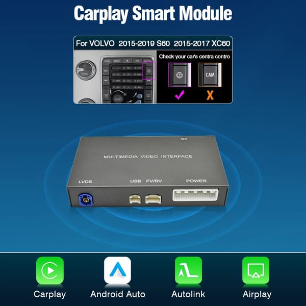 CarPlay Android Auto Modul, 7-Tommer Skærm, Kamerastøtte,V60 V40+Lyd+Box