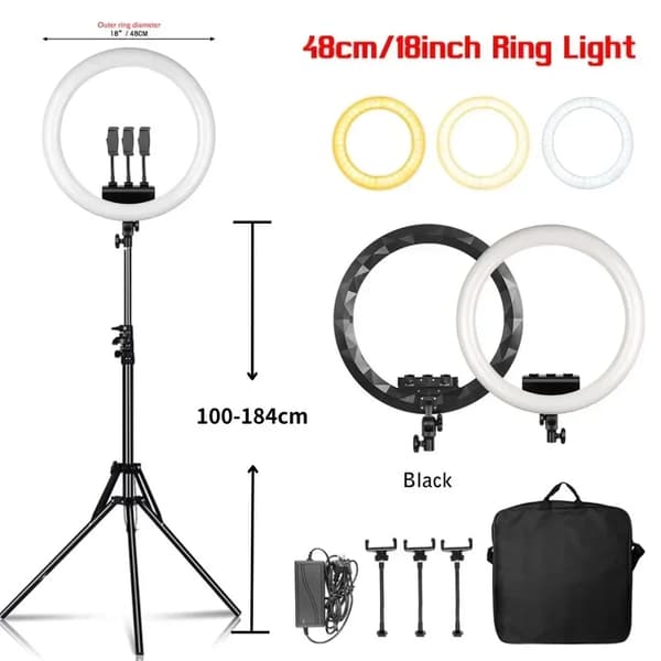 Ring Light, Dæmpbar Lysstyrke, 360° Rotation,184cm Sort
