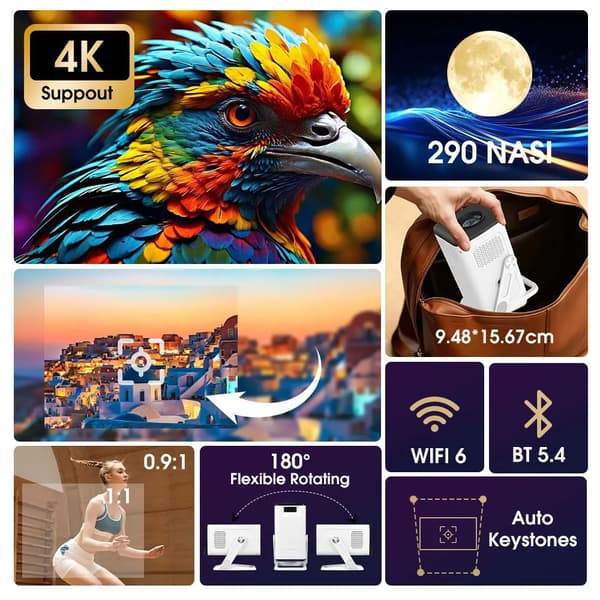 Projektor, 4K Understøttelse, Android Operativsystem,EU Stik, 290ANSI