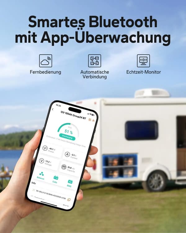 Lithiumbatteri, 100Ah kapacitet, Bluetooth-forbindelse,sort