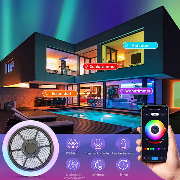 Loftventilator, Bluetooth-forbindelse, Dæmpbar LED-belysning,50W, 110-240V