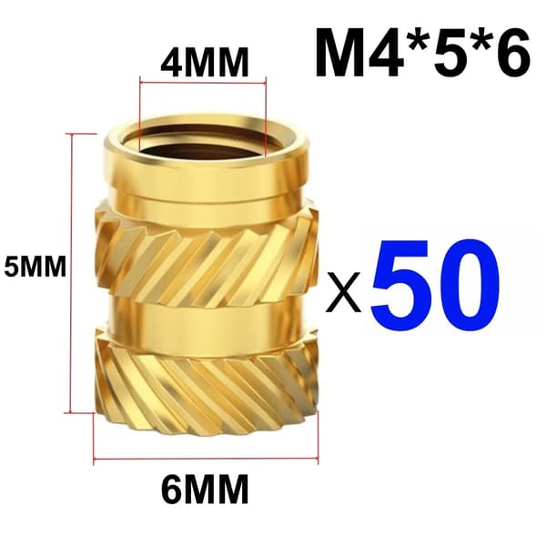 Indsættelse af indlægsmøtrikker, messingmateriale, rillet design,50 PCS M4X5X6