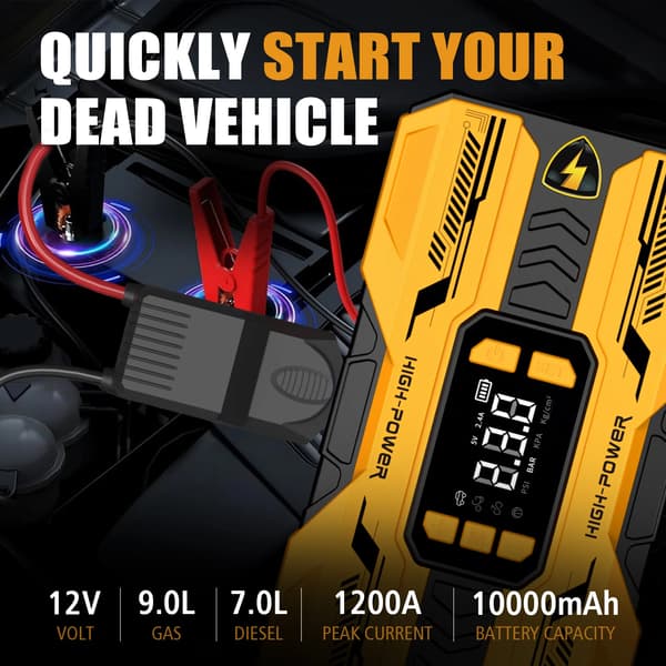 Bil Jump Starter, 150PSI Luftkompressor, 1200A Boosting Power,GUL