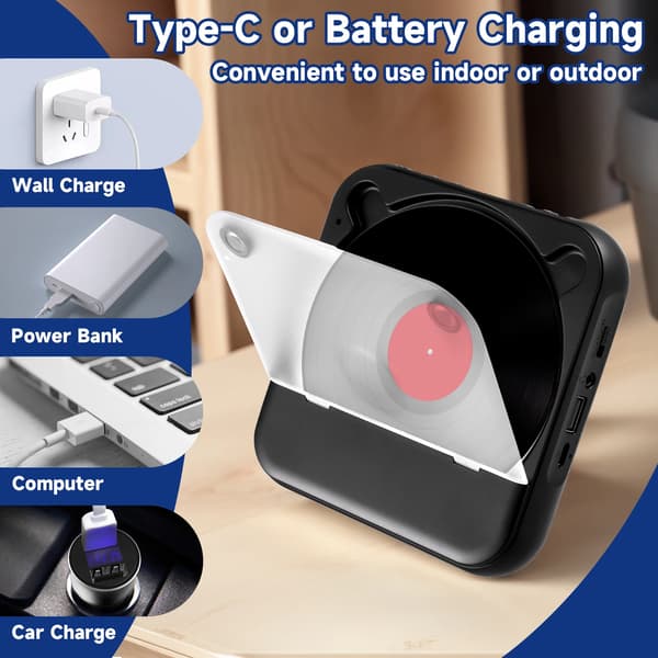 Bærbar CD-afspiller, Bluetooth 5.3, Genopladeligt batteri,sort