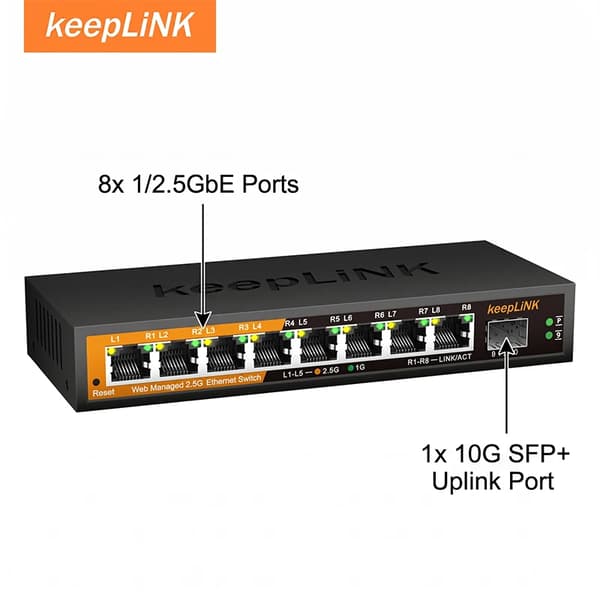 Netværksswitch, 9-ports konfiguration, web-administreret,8x2.5GbE 1x10G SFP